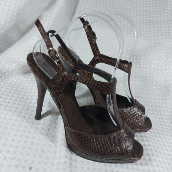 NINE WEST! ESPRESSO BROWN GENUINE LEATHER, T BAR LIZARD IMPRINT HEELS! SZ 7M - Picture 2 of 12